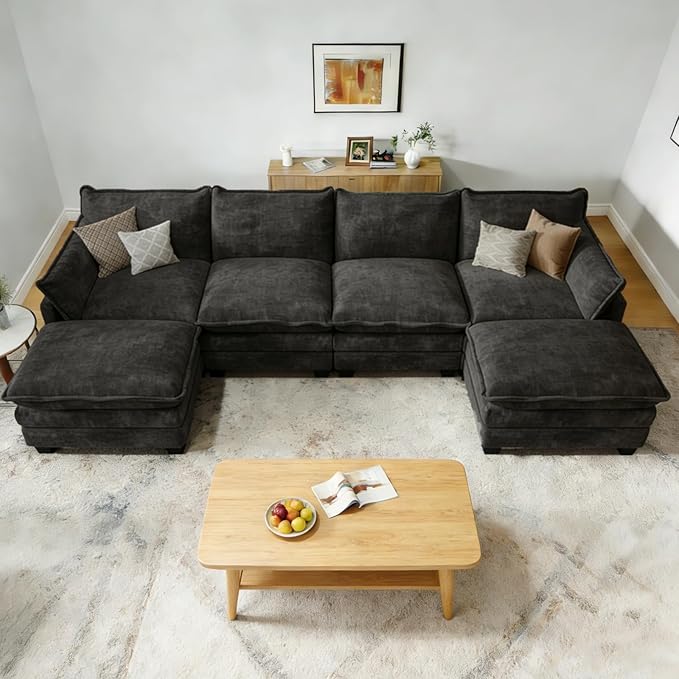 Modular Sectional U Shaped Sofa Couches for Living Room Cloud Couch with Movable Ottoman Comfy Chenille Sofa with Pillow for Bedroom and ApartmentBlack
