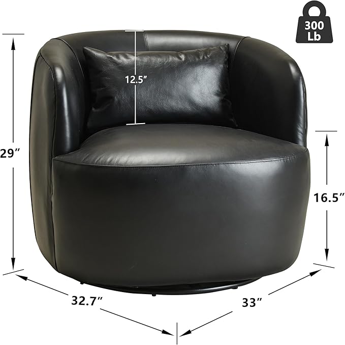 KINWELL 33'' W Top Grain Genuine Leather Swivel Barrel Armchair No Assembly Round Upholstered Leather Swivel Accent Chairs with Toss Pillow for Living Room Office Lounge (Black Genuine Leather)