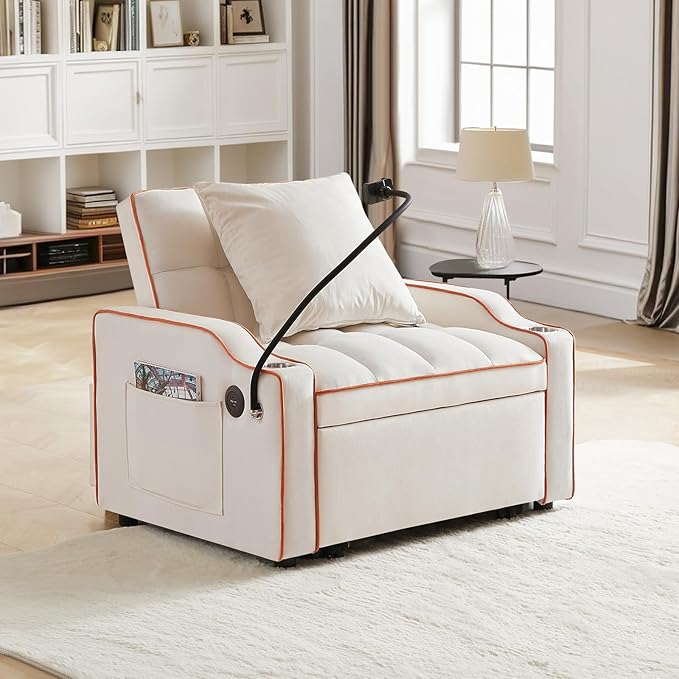 Antetek Sleeper Sofa Chair Bed with Charging Ports &amp Phone Holder &amp Cup Holder Modern Velvet 3 in 1 Convertible Pull Out Single Sofa Chair Bed for Small Spaces Apartment Beige