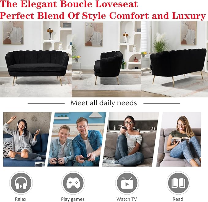 Black Modern Boucle Loveseat CouchFuton Small Sofa with Gold Metal Legs 2-Seater Upholstered Mini Sofa Couches for Small SpaceLiving Room Bedroom Office Dorm Studio Apartment Couche(Black)