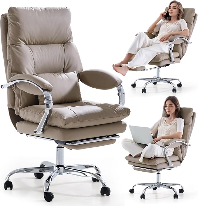 LEAGOO Office Chair with Foot Rest Executive Reclining Office Chairs with Arms Ergonomic High Back PU Leather Comfy Swivel Computer Desk Chairs with Wheels and Lumbar Support for Home Office Tan