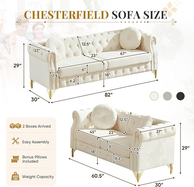 2 Pieces Chesterfield Sofa Set 2 &amp 3 Seater Comfy Tufted Velvet Couch with Rolled Arms &amp Pillows Mid Century Modern Couch and Loveseat Sets Retro Gold Couches Living Room Furniture (Beige)