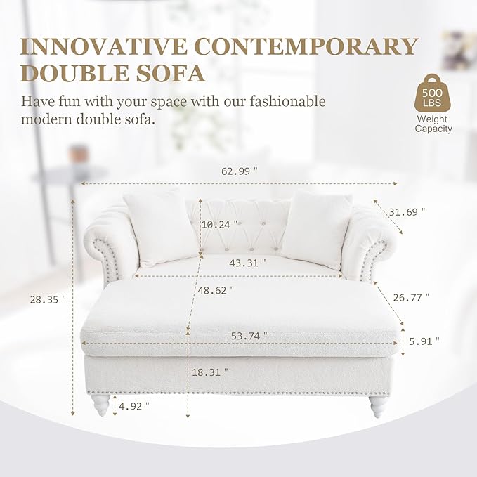 63 Loveseat Chaise Lounge Couch with 2 Pillows Upholstered Teddy Velvet Loveseat Chaise Sofa with Tufted Back Roll Arms 2-Seater Couch for Living Room Apartments Office(White)