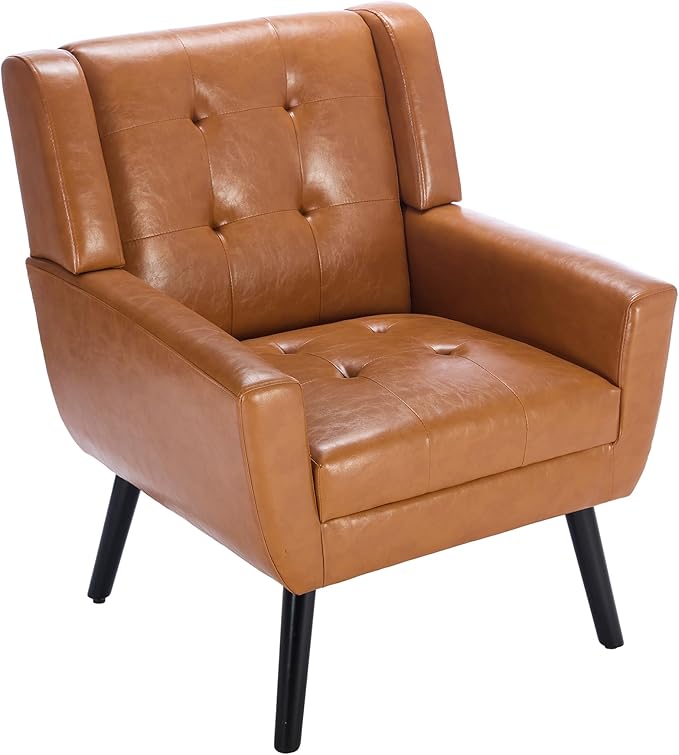 Modern Soft Leather Material Ergonomics Accent Chair Living Room Chair Bedroom Chair Home Chair with Black Legs for Indoor Home Light Brown PU