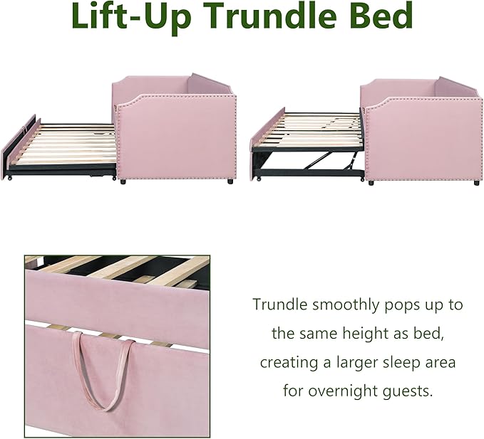 Flieks Twin Size Velvet Upholstered Daybed with Pop-Up Trundle 2-in-1 Convertible Sofa Bed for Small Space Modern Daybed for Guest/Kids Room in Pink (Mattress Not Included)