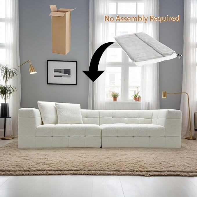 MEISIMAN 110”Modular Sectional Sofa Cloud Couch - Compressed Sofa Soft Teddy Fabric &amp Memory Foam Couch for Living Room No Assembly Required (White)