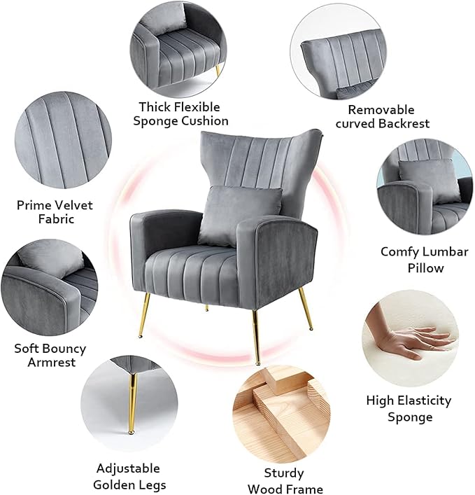 Modern Living Room Chairs Velvet Accent Chair Armchair with Lumbar Pillow High Back Bedroom Chairs Vanity Chair Barrel Chair Arm Chair with Gold Legs Grey