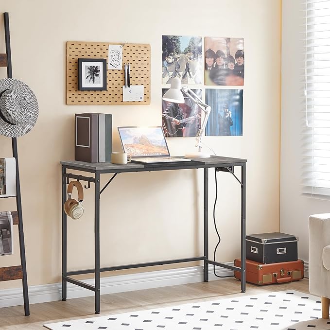 HOOBRO Computer Desk Home Office Desk with Power Outlet Modern Study Writing Desk with 3 Hooks for Study Room Home Office Sturdy and Stable Easy to Assemble Charcoal Gray and Black BC41UDN01