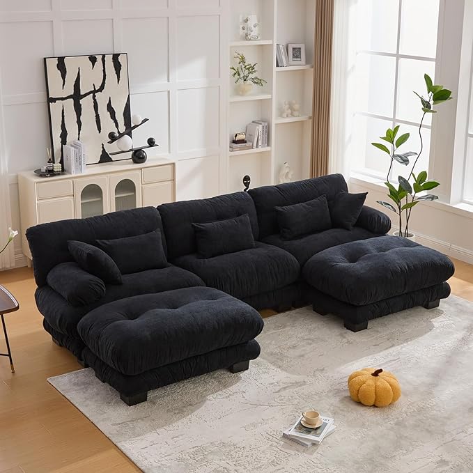 118 Oversized U Shaped Sectional Couch with 2 Ottomans Pelletized Velvet Cloud Couch with Bolster Armrest Pillows 3 Seater Comfy Sofa Modular Couches for Living Room (Black 118+2 Ottoman)