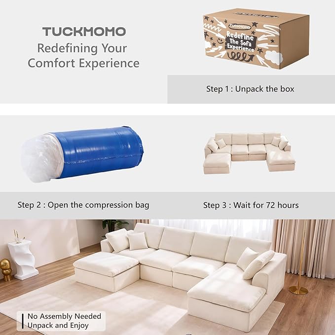 137.8 Large Sectional Couches for Living Room U Shaped Couch with Movable Ottoman 4-Seater Cloud Couch Sectional Sofa with Deep Seat No Assembly Required Warm White