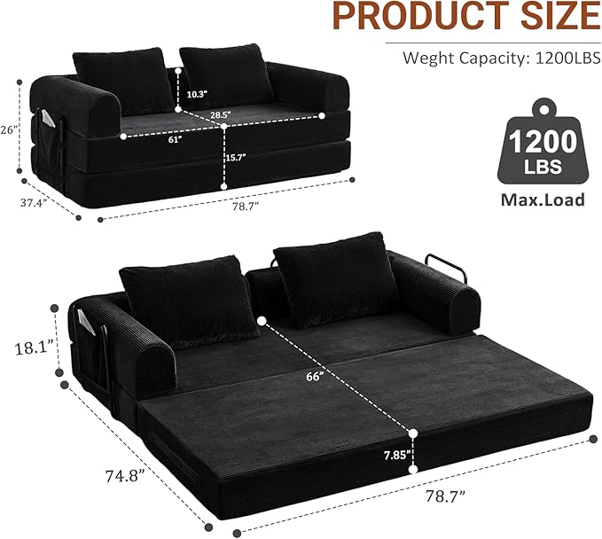 79 Convertible Sofa Bed 5-in-1Boneless Couch for Living Room with 2 Pillows Corduroy Folding Sleeper Sofa Bed Boneless Cloud Loveseat Futon Sofa Bed for Living Room Bedroom Lounge Black