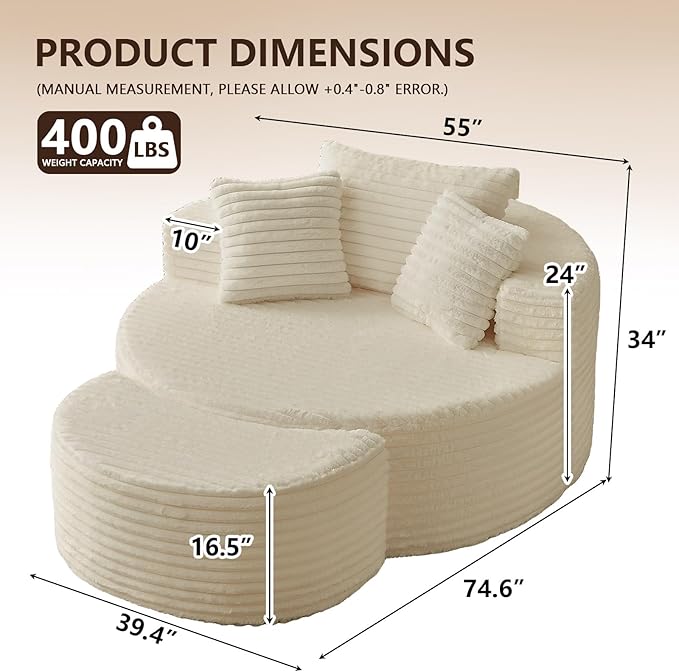 55''W Oversized Round Lounge Chair with Ottoman Modern Corduroy Accent Chair Upholstered Boneless Deep Seat for Living Room or Bedroom No Assembly Required (Corduroy White)