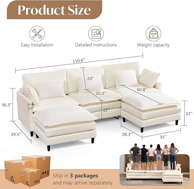 SAMERY 111 U Shaped Couch Cloud Sofa Modular Sectional Couch with 2 Large Ottomans Beige 3 Seater Chenille Oversized Deep Seat Sectional Sofa with Pillows for Living Room Bedroom Apartment