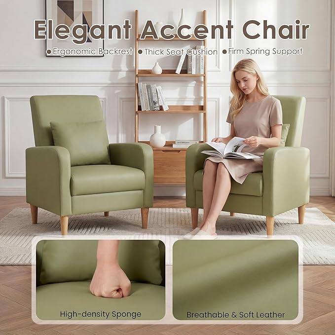 COLAMY Mid-Century Modern Upholstered Accent Chair with Back Pillow &amp Solid Wood Legs Leather Cozy Armchair for Living Room Bedroom Reading Nook Apartment &amp Small Spaces Green