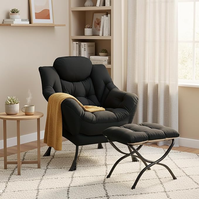 Lazy Chair with Ottoman Modern Accent Chair Contemporary Lounge Leisure Sofa Chair with Armrests Reading Chair and Folding Footstool Set for Living Room Bedroom Office Black