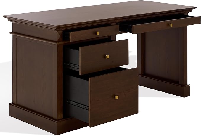 SAFAVIEH Couture Collection - Francesco Walnut Wood 4-Drawer Desk with Brass Accents Modern Writing Table with Storage (SFV4239A)