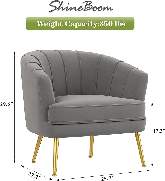 Velvet Accent Chair for Living Room Bedroom Office - Upholstered Single Sofa Arm Chair With Metal Legs Comfy for Reading Leisure Club Coffee - Grey
