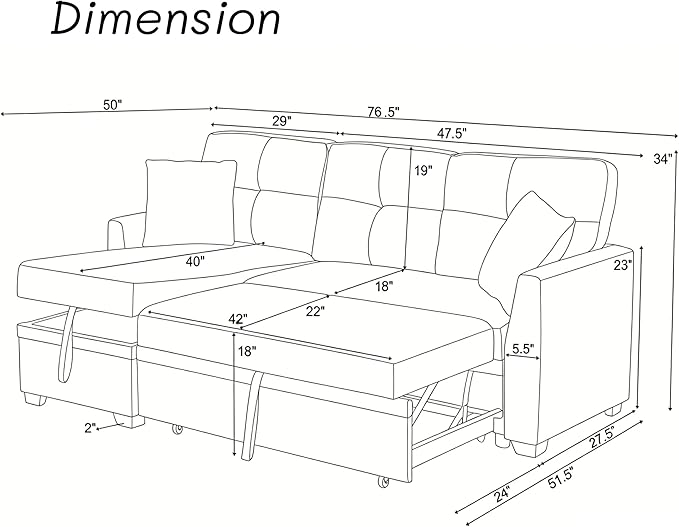 Sectional Sleeper Sofa with Pull Out Bed L Shape Convertible Linen Couch with Storage Chaise 2 in 1 Pull Out Sofa Bed with 2 Seats for Living Room Apartment Charcoal Black