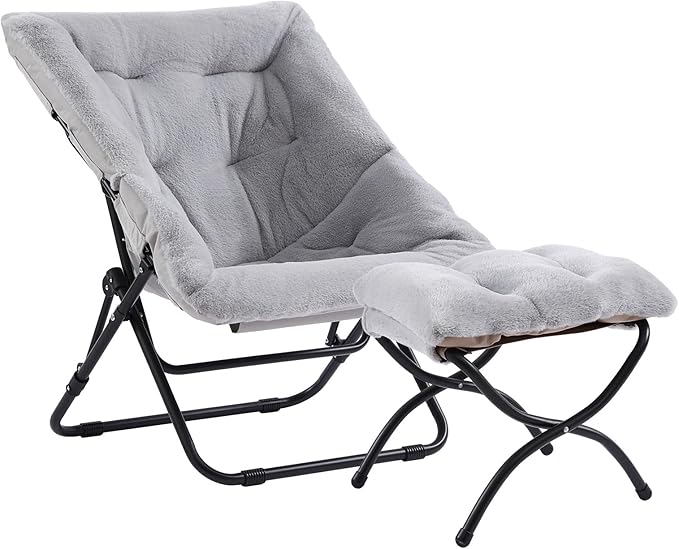 Saucer Chair with Ottoman Oversized Foldable Faux Fur Chair X-Large Soft Dorm Chair Patio Study Playroom (Grey)