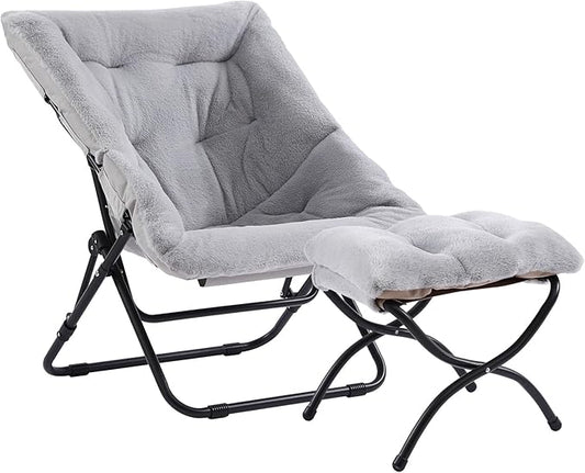 Saucer Chair with Ottoman Oversized Foldable Faux Fur Chair X-Large Soft Dorm Chair Patio Study Playroom (Grey)