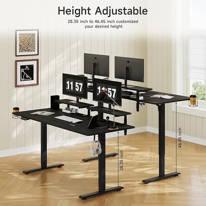 71 x 24 Inches Electric Standing Desk with 2 Monitor Shelves Adjustable Computer Desk from 28-46'' Sit to Stand UpHome Office Desk with Memory Controlller for Workstations Black