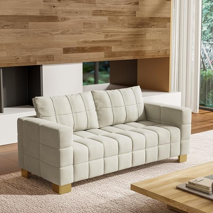 81.89 Sofa Comfy 3 Seat Sofa Tufted Chenille Upholstered Sofa Couch for Living Room with Gold Metal Legs and 2 Throw Pillows (BAIGE（3+3）)