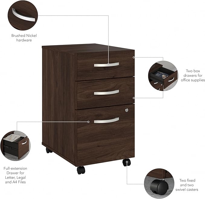 Bush Business Furniture 3 Drawer Mobile File Cabinet - Assembled Rolling Document Storage for Home or Professional Office Studio C Collection Black Walnut