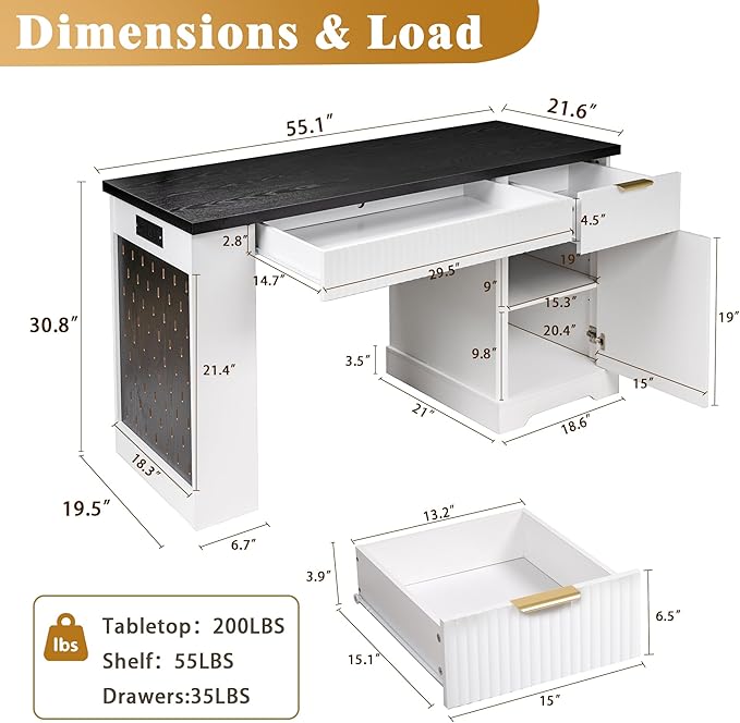55“ Modern Fluted Executive Desk with Storage Wood Home Office Computer Desk with Drawers Charing Station Keyboard Tray Corner Workstation Writing Desk with Pegboard for Study Bedroom(White)