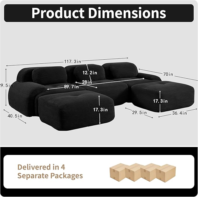 117.3” U Shaped Boneless Couch with Ottoman Corduroy Modular Sectional Sofa Comfy 5 Seater Cloud Sofa Sectional Deep Seat Modern Upholstered Couches for Living Room No Assembly Required
