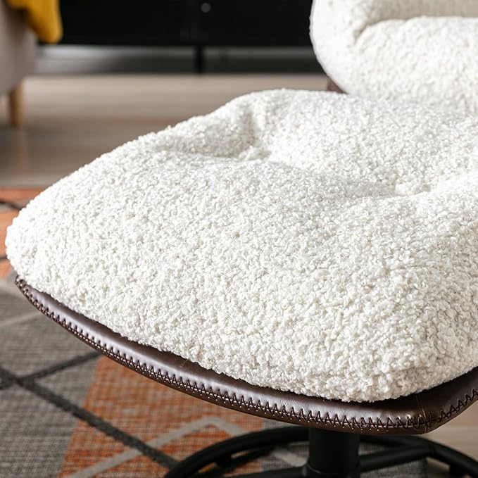Modern Accent Chair with Ottoman Fluffy Faux Fur Upholstered Swivel Lounge Chair with footrest Comfy Tufted Armchair with Metal Heavy Duty Base for Living Room Bedroom Reading Chair White