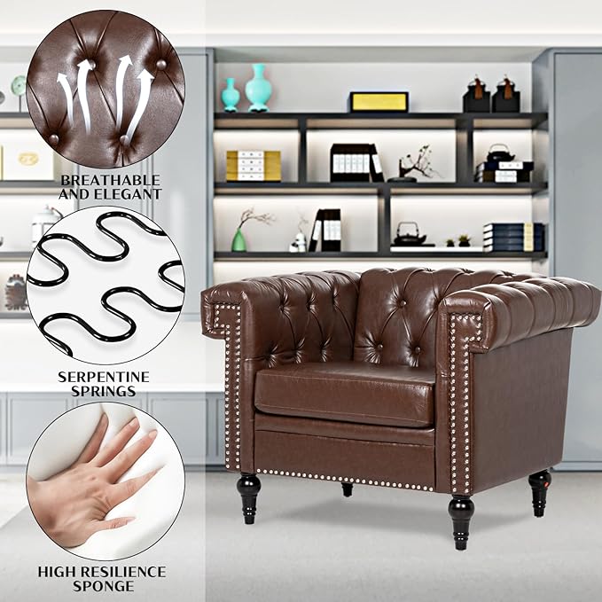 Modern Living Room Chairs Oversized Chesterfield Chair Brown Faux LeatherTufted Arm Accent Chairs Deep Seat Comfy Classic Club Wingback Single Sofa Chair for Bedroom Office Sofa Chair Sets