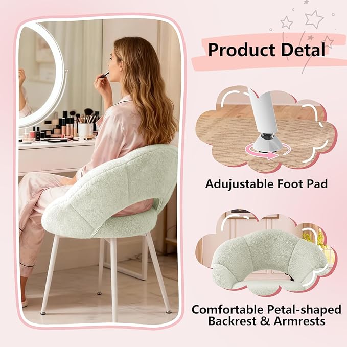 Petal Makeup Vanity Chair with BackUpholstered Makeup Accent Reading Chair No WheelsModern Dining Chair for HomeOfficeBedroomTeddy Plush (White)
