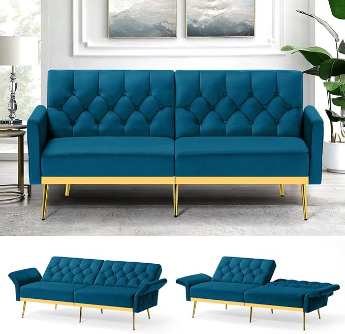 Tufted Velvet Futon Sofa Bed w/Adjustable Armrests &amp Backrests Comfortable Sleeper Couch Modern Convertible Love seat Sofa for Living Room Bedroom Apartment Teal