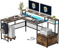 L Shaped Desk with Drawers 66 Home Office Desk with Power Outlet and Led Strip Reversible Computer Desk with Storage Shelves &amp Monitor Stand Large Corner Desk Gaming Desk Rustic Brown