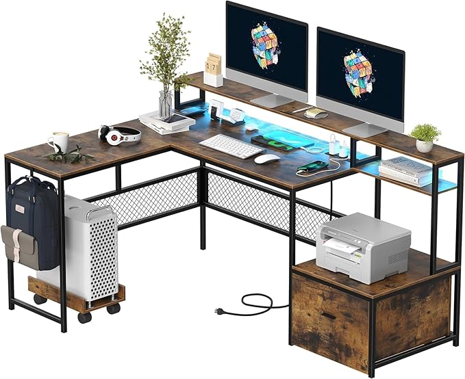 L Shaped Desk with Drawers 66 Home Office Desk with Power Outlet and Led Strip Reversible Computer Desk with Storage Shelves &amp Monitor Stand Large Corner Desk Gaming Desk Rustic Brown