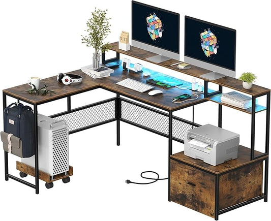 L Shaped Desk with Drawers 66 Home Office Desk with Power Outlet and Led Strip Reversible Computer Desk with Storage Shelves &amp Monitor Stand Large Corner Desk Gaming Desk Rustic Brown