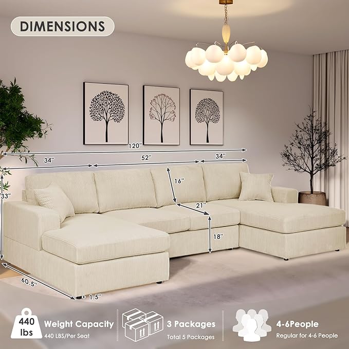 Dreamzie 120” Sectional Couches for Living RoomU Shaped Modular Sofa Couch with Double Oversized Chaise 4 Seat Corduroy Beige