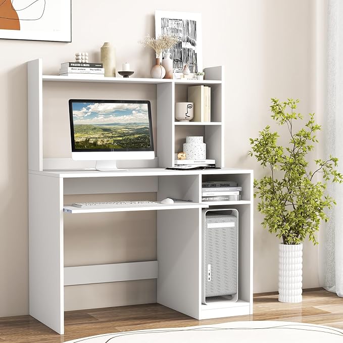 Tangkula White Desk with Hutch &ampCharging Station Home Office Desk with Keyboard Tray &amp CPU Stand Modern Laptop PC Desk Space-Saving Writing Study Desk with Bookshelf Ideal for Dorm Bedroom