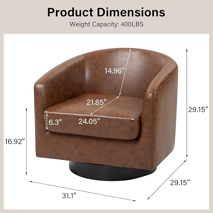 Swivel Barrel Chair Modern Round PU Leather Accent Armchair for Living Room Bedroom Oversized Comfy Club Reading Chairs for Adults (Leather Coffee Set of 1)