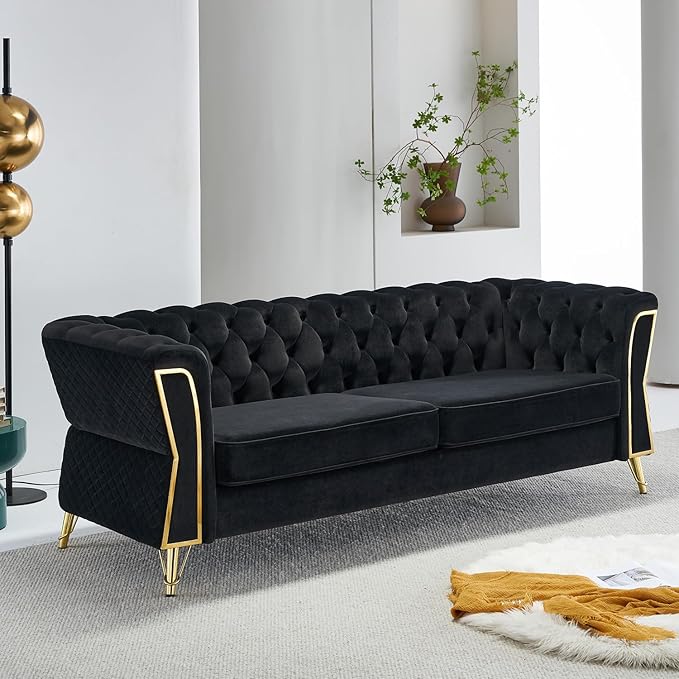 Modern Velvet Couch for Living Room 87.4 Inch Long Tufted Oversized Sofa Decor with Golden Metal Legs (Black)
