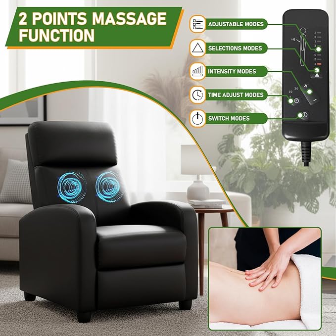 PayLessHere Recliner Chair Single Reclining Sofa Home Theater Seating with Lumbar Support and Padded Backrest for Living Room and Bedroom (Leather Black-Massage)