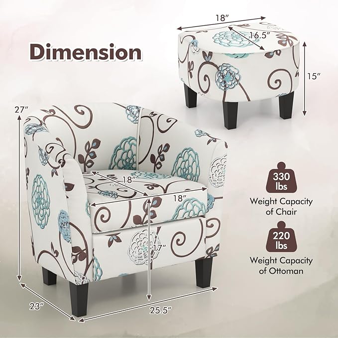 Giantex Small Accent Chair with Ottoman Set Upholstered Barrel Chair with Footrest Modern Accent Armchair with Ottoman Round Club Chair for Living Room Small Space Bedroom (Blue Flower)