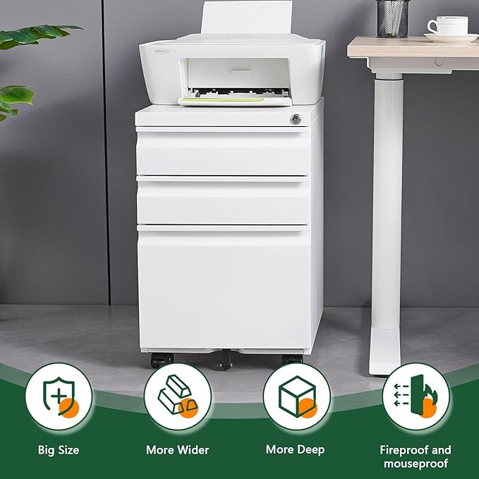 File Cabinet 3 Drawers on Wheels Under Desk White Metal Rolling File Cabinets with Lock for Home Office Un-Assembled Filing Cabinet with Lock (3-Drawer White)