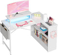 Bestier L Shaped Gaming Desk with LED Lights 42 Inch Computer Desk with Monitor Stand &amp Open Storage CabinetWriting Study Corner Desk for Home Office Bedroom White