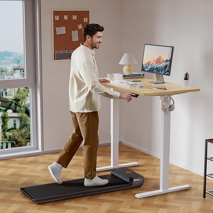 55x24 Inches Height Adjustable Electric Standing Desk with 2 Hooks for Home Office Ergonomic Sit Stand up Desk with Splice Board Oak