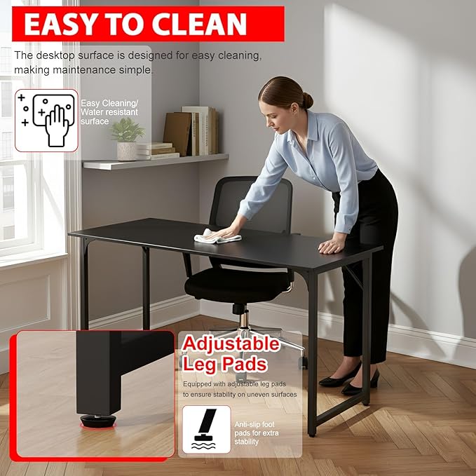 Bigacc Computer Desk Office Desk with Metal Frame Adjustable Feet | Water-Resistant Scratchproof Surface | Sturdy Writing Table for Home Office or Study (Black 55 Inch)