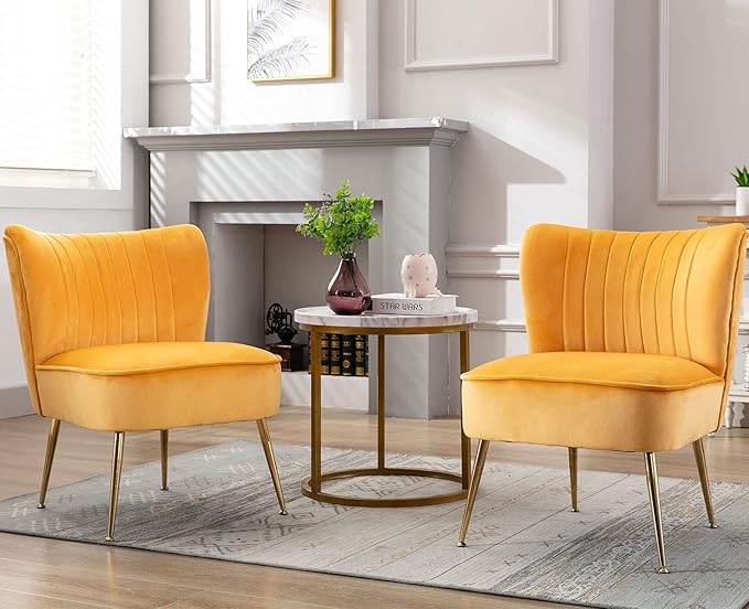 Yellow Velvet Accent Chairs Set of 2 with Golden Legs Upholstered Side Chairs Mid-Century Modern Slipper Chairs for Guest Room Comfy Armless Wingback Corner Single Sofa Living Room Chairs