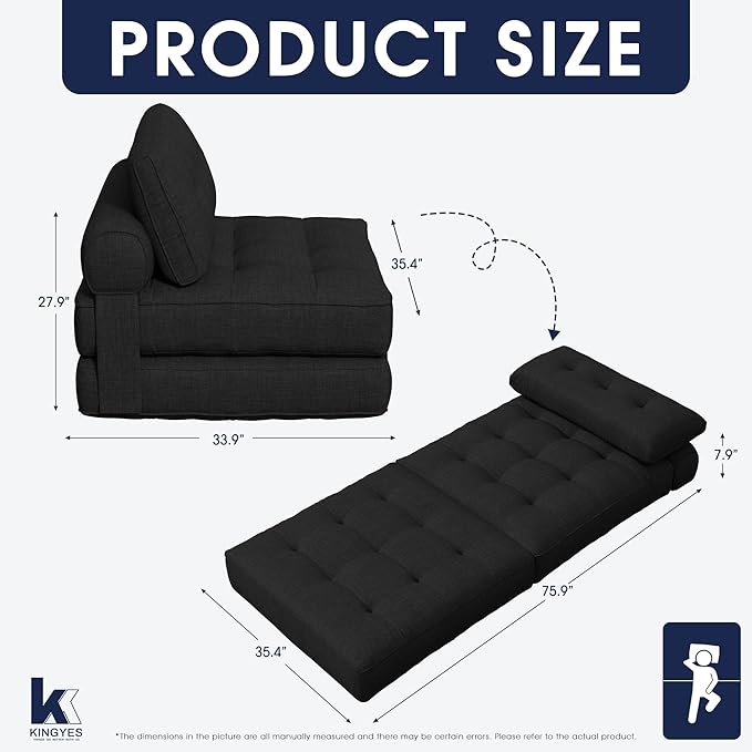 KINGYES Folding Chair Bed 3 in 1 Convertible Sleeper Chair with Pillow Foldable Futon Chair for Living Room Black
