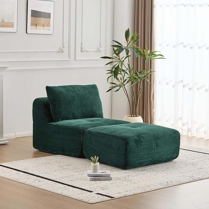 Single Chaise Longuewith Movable Ottoman Memory Foam Compressed Sofa with Pillows Soft Corduroy for Living Room (Green 1 Seat)
