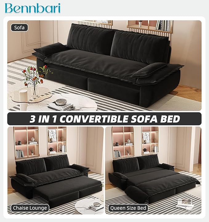 73.2 Queen Size Pull Out Sofa Bed 3-in-1 Velvet Convertible Sleeper Loveseat for Living Room Apartment Bedroom &amp Small Spaces (Black)